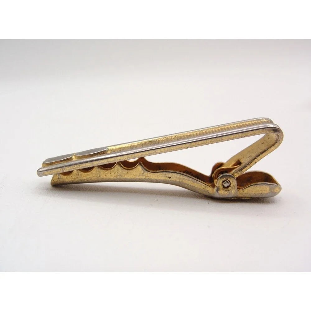 Vintage Two Tone Gold Silver Textured Tie Clip Bar Oval MCM Mens Wedding Jewelry